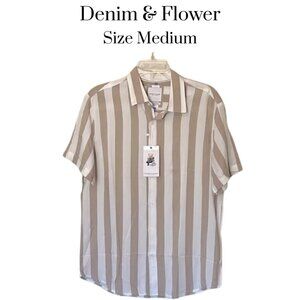 NWT Denim & Flower men's short sleeve button down shirt Tan and off white Medium